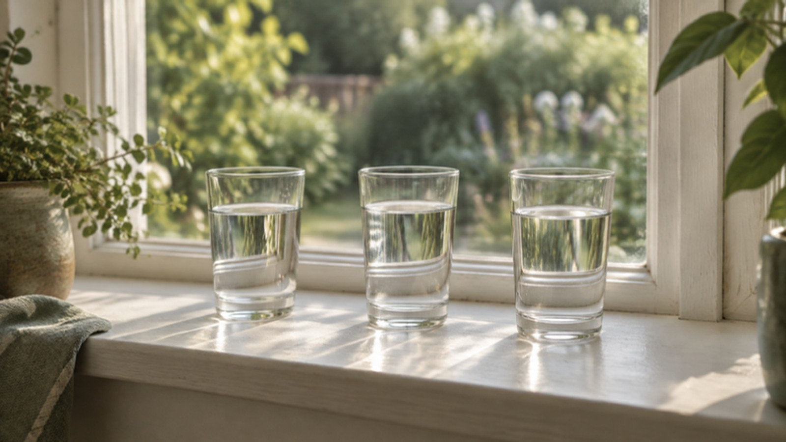 Tři sklenice vody v řadě na okenním parapetu v ranním světle