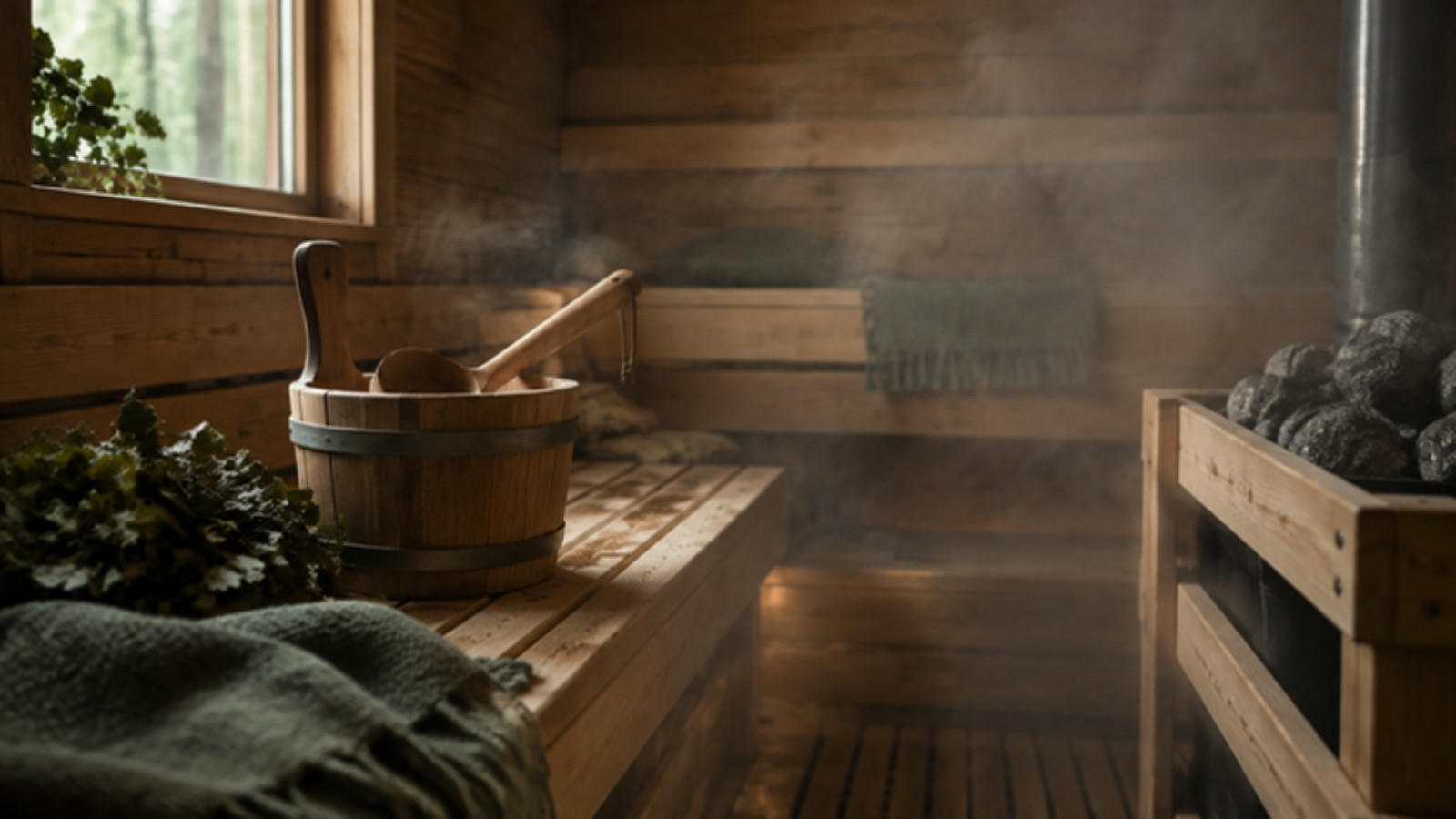 Dřevěná sauna s věderkem a naběračkou, pára a měkké světlo